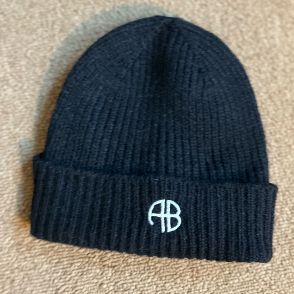 Anine Bing Black Knit Beanie with White Logo
